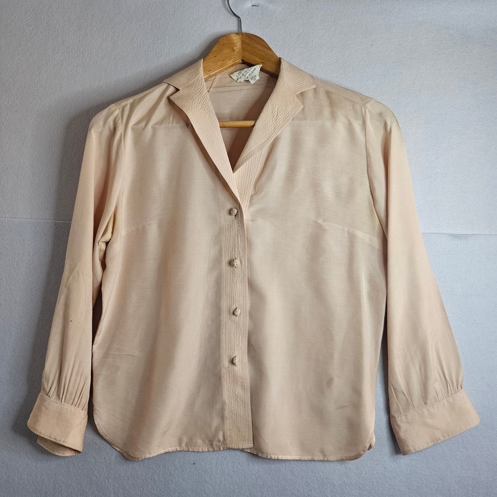 Vintage Dynasty I Magnin Silk Blouse Peach Pintuck Knot Button Hong Kong Size 12